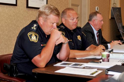 Brockville Police Service Deputy Chief Lee MacArthur, left, Insp. Scott Fraser and Chief John Gardiner at the contact committee meeting Monday.